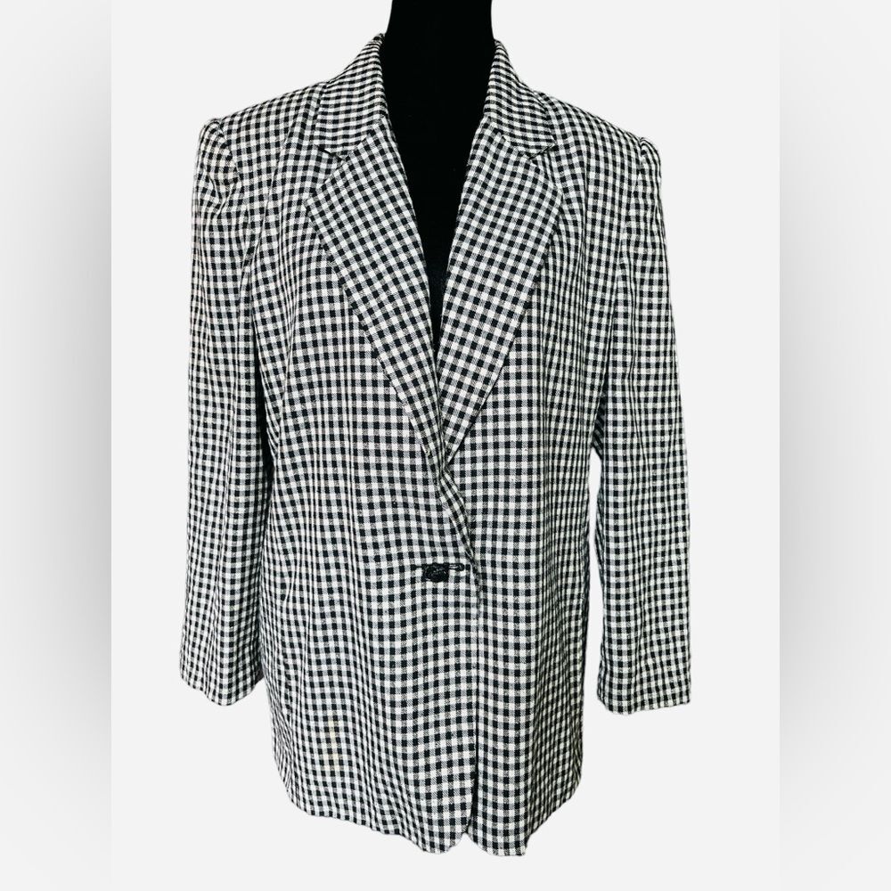 Retro Black White Checkered Blazer Metallic Gold Size Medium
